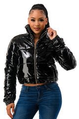 Latex Puffer Bomber Jacket With Front Zipper