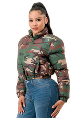 Camo Print Puffer Zip Up Jacket