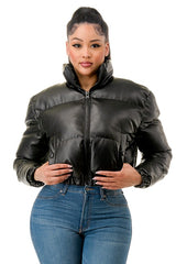 Leather Puffer Bomber Jacket