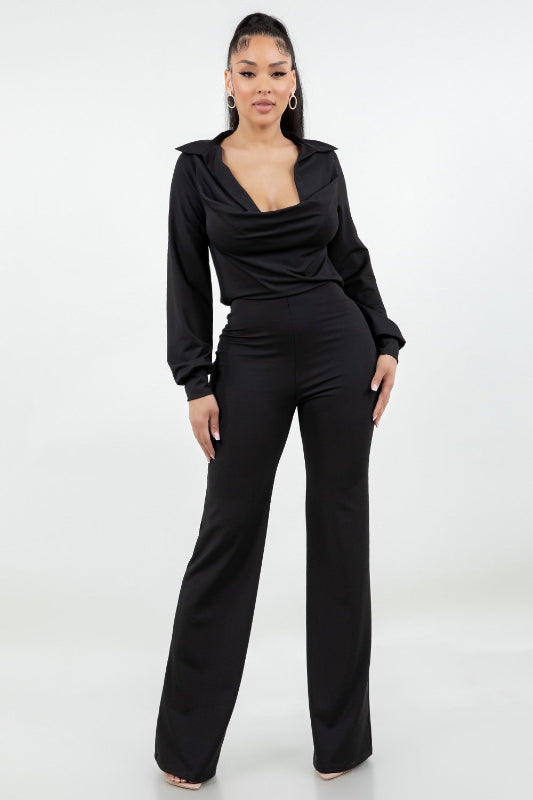 Collar Jumpsuit With Cowl Neck And Shirred Sleeves