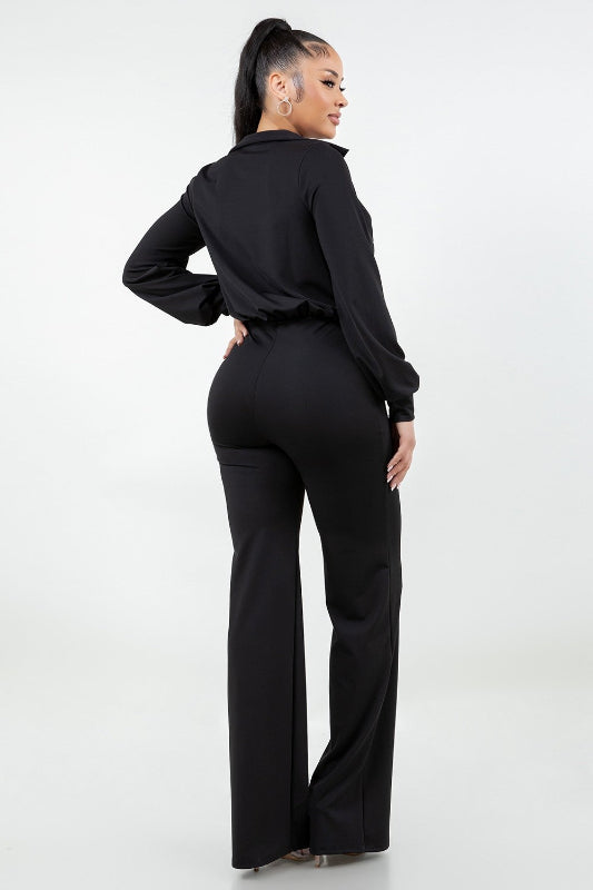 Collar Jumpsuit With Cowl Neck And Shirred Sleeves