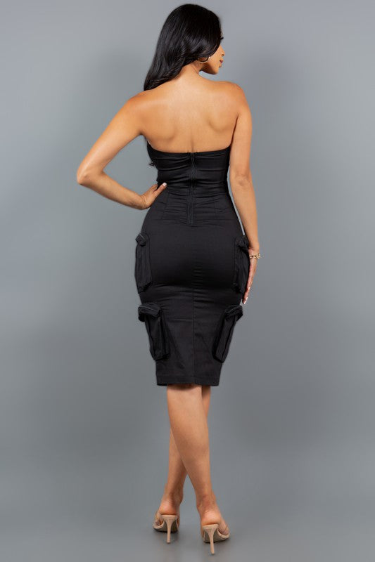 Strapless Corset Body Midi Dress with Side Pockets