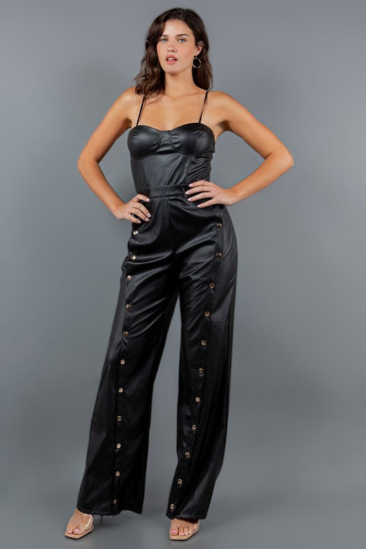 Faux Leather Button Detailed Sweetheart Wide Leg Jumpsuit