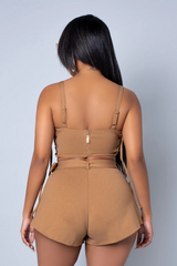 Lace Up Detail Crop Top and Short Sets with Belt