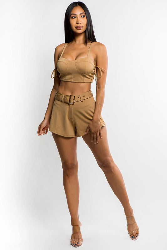 Lace Up Detail Crop Top and Short Sets with Belt