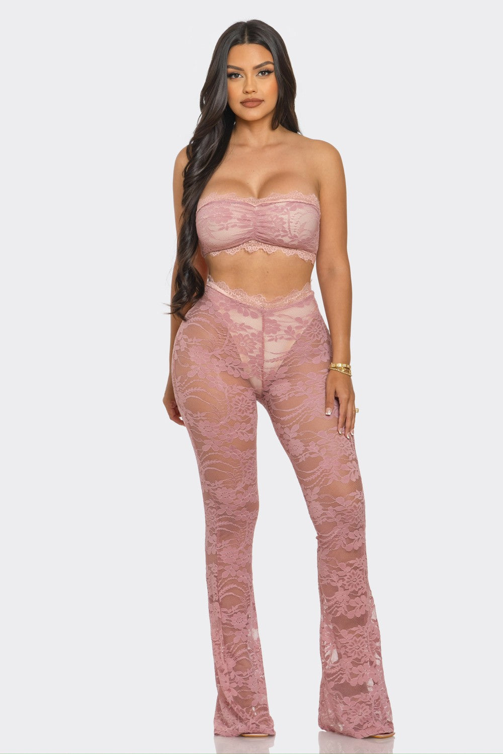 Lace Bandeau and Wide Leg Pant Set