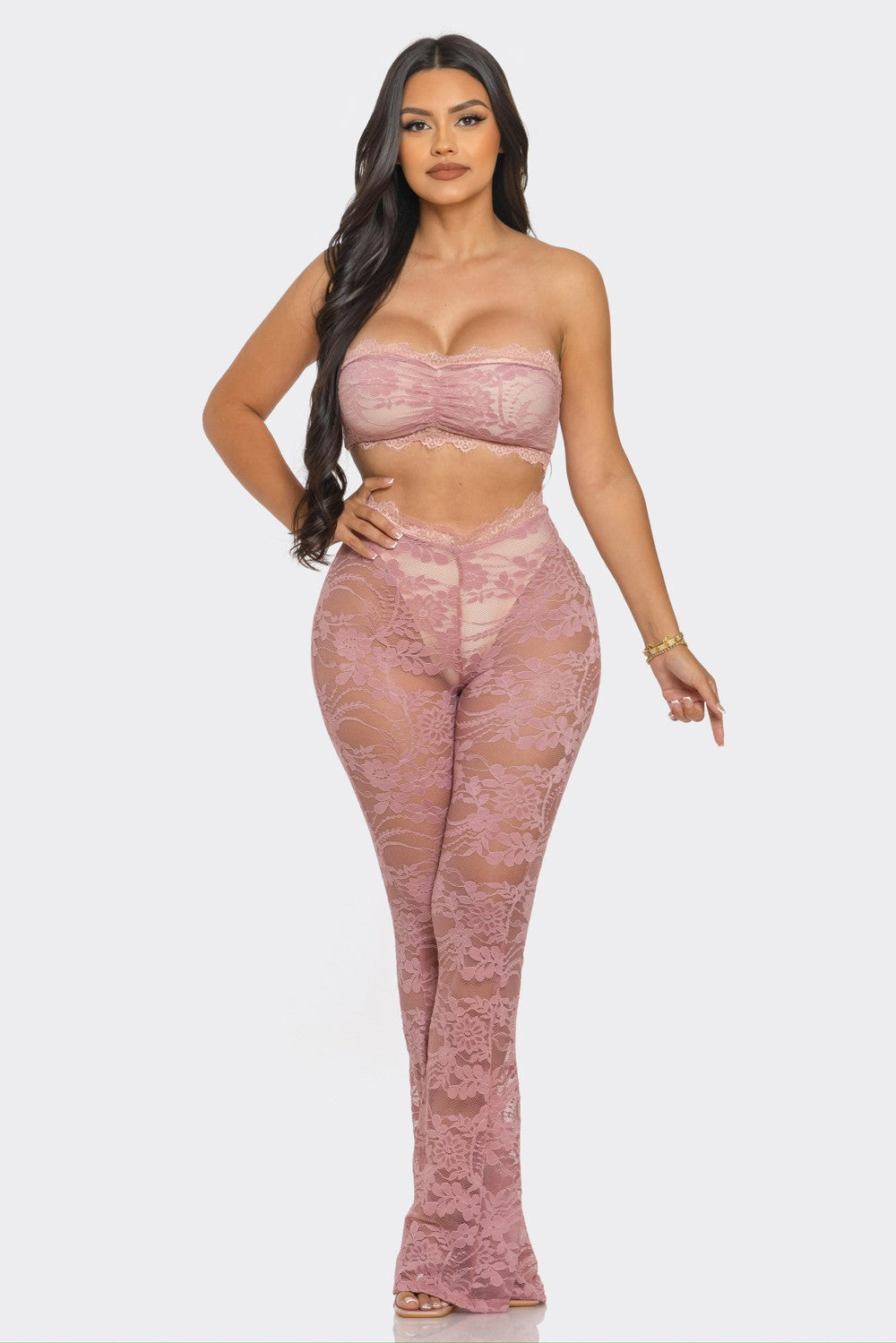 Lace Bandeau and Wide Leg Pant Set