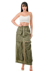 Midi Skirt with Elastic Waistband, Front Zipper Closure