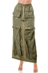 Midi Skirt with Elastic Waistband, Front Zipper Closure