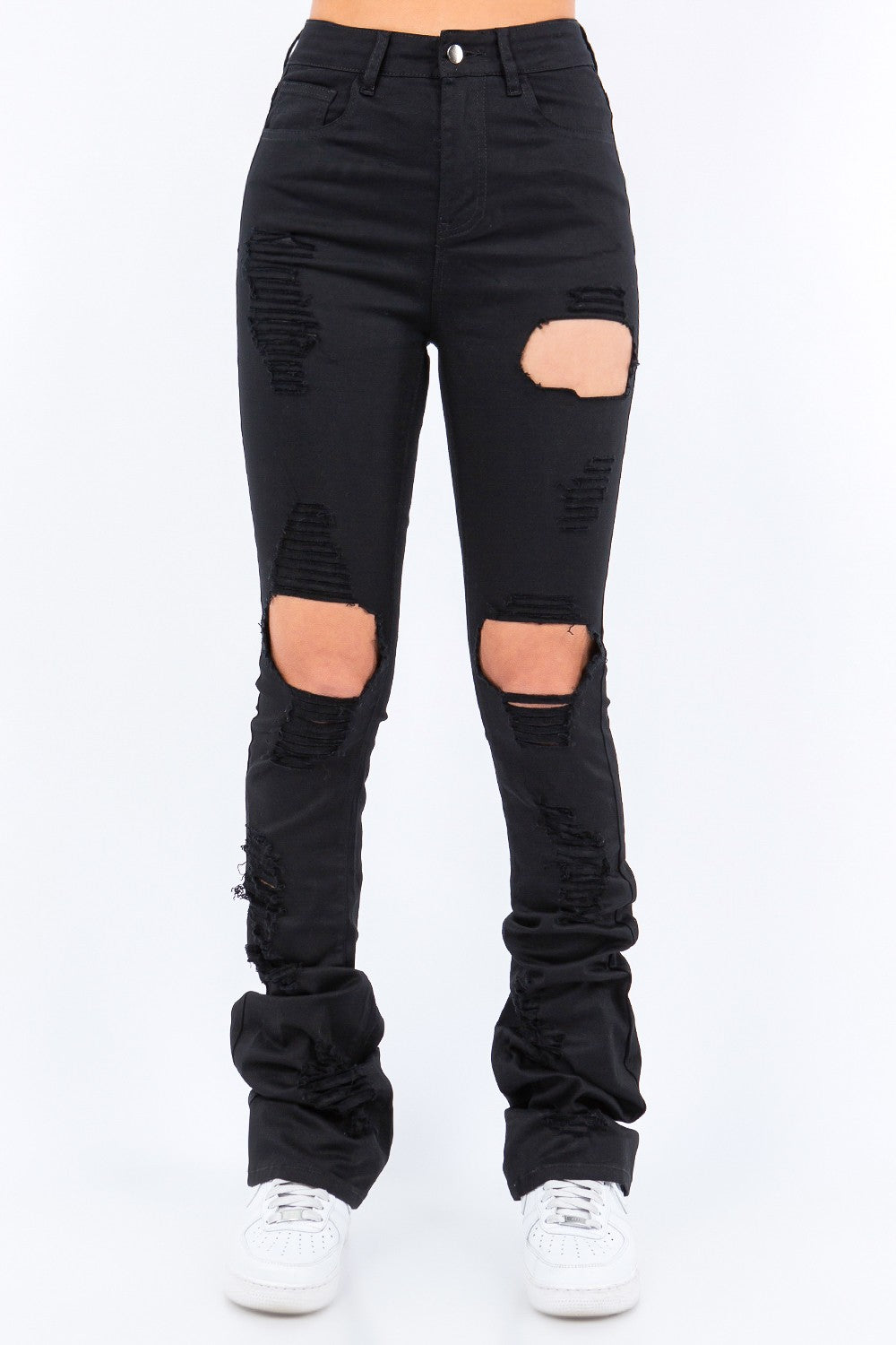 DISTRESSED CUT OUT STACKED PANTS