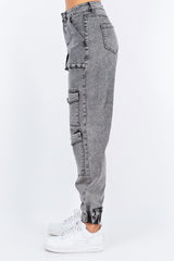 Multi Pocket Acid Wash Denim Jogger