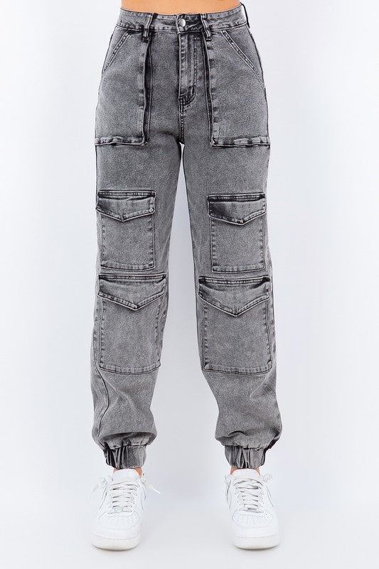 Multi Pocket Acid Wash Denim Jogger