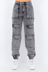 Multi Pocket Acid Wash Denim Jogger