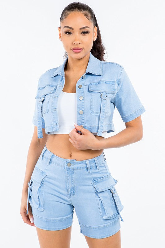 Utility Pockets Crop Denim Jacket