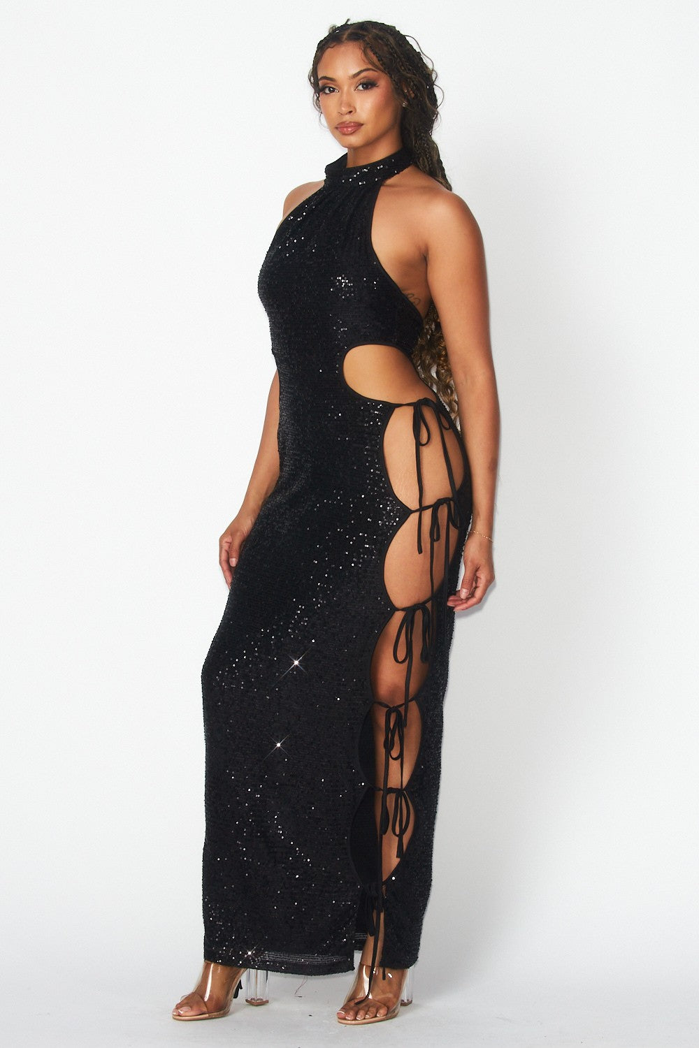 Sequin Side Lace Up Long Dress