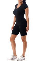 Rib V Neck Slim T Shirt and Short Set