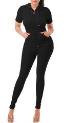 Seamless Zipper Hooded Short Sleeve Top and High Waisted Legging