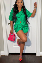 Satin Short Sleeve Collar Neck Pocket Top & Short Set