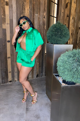 Satin Short Sleeve Collar Neck Pocket Top & Short Set