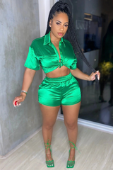 Satin Short Sleeve Collar Neck Pocket Top & Short Set