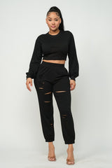 French Terry Long Sleeve Top & Destroyed Pants Set