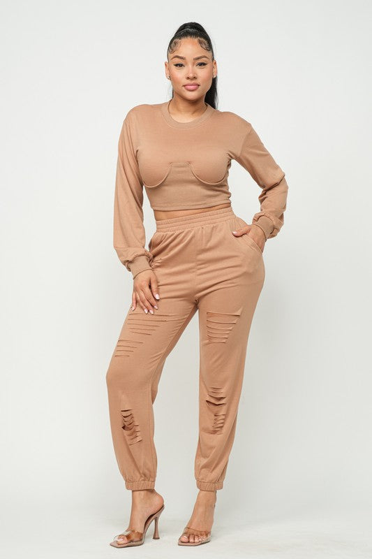 French Terry Long Sleeve Top & Destroyed Pants Set