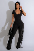 Acid Wash Fringe Jumpsuit K TOO