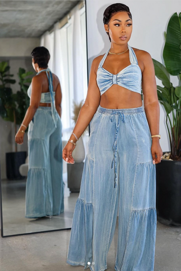 Denim Halter Neck Bra Top And Wide Leg Pants