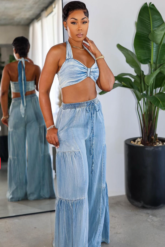 Denim Halter Neck Bra Top And Wide Leg Pants