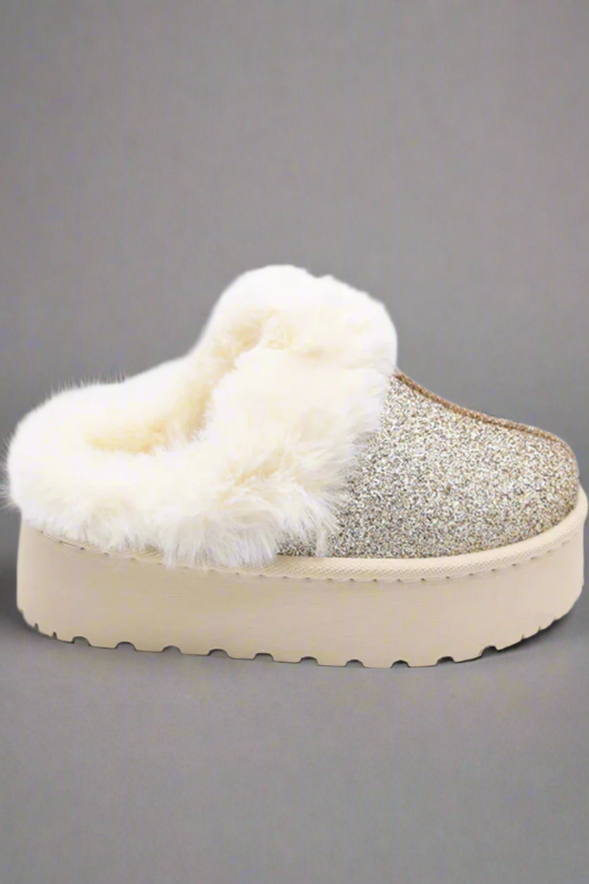 Womens Fleece Glitter Platform Slip-Ons