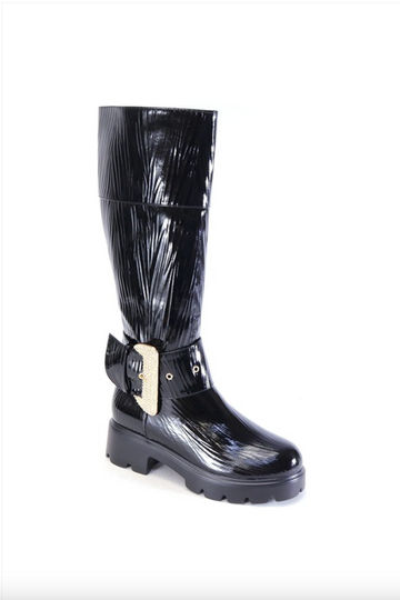 PU Rhinestone Buckle Knee Boot