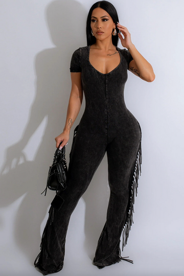 Mineral Washed Fringed Jumpsuit