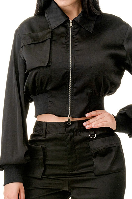 Satin Jacket with Rib Band Details and Cargo Pants