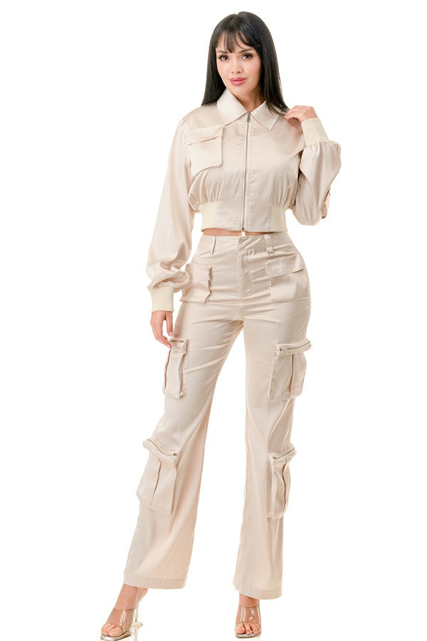 Satin Jacket with Rib Band Details and Cargo Pants