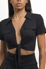 Tie Front Collared Crop Top