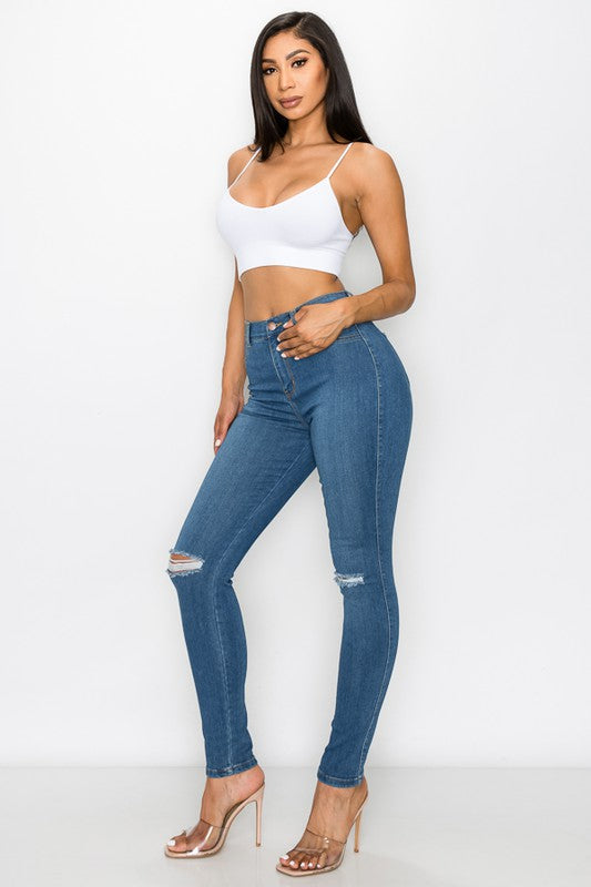 High Rise Knee Cut Skinny Jean