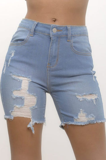 High Rise Destructed Fray Hem Midi Shorts