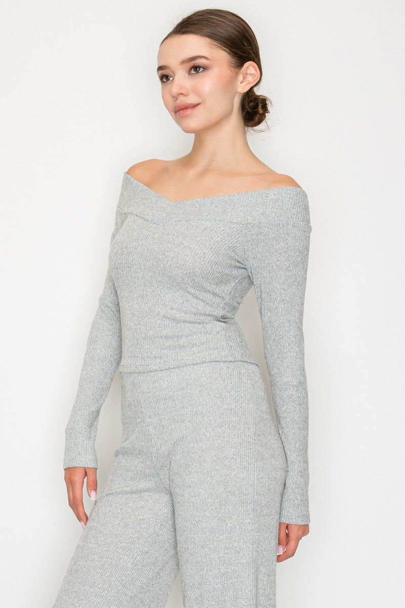 Taupe Ribbed Off Shoulder Long Sleeve Knit Top