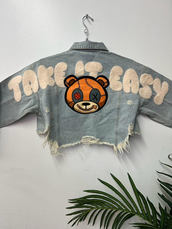 Teddy Bear Distressed Denim Jacket