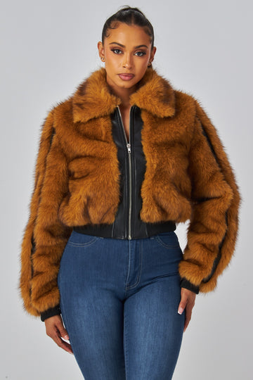 Pu Contrast Faux Fur Bomber Jacket