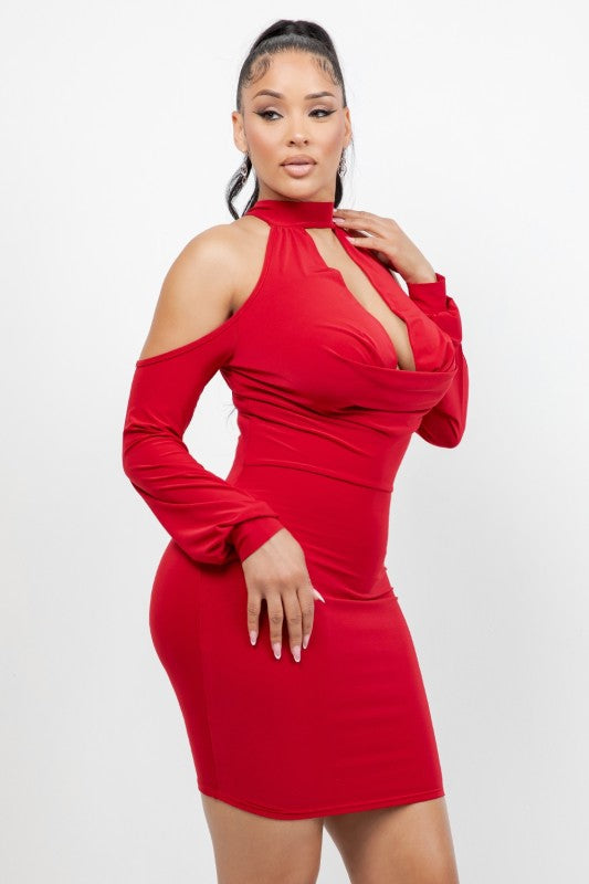 Turn heads in this daring halter cowl neck dress that commands attention. 