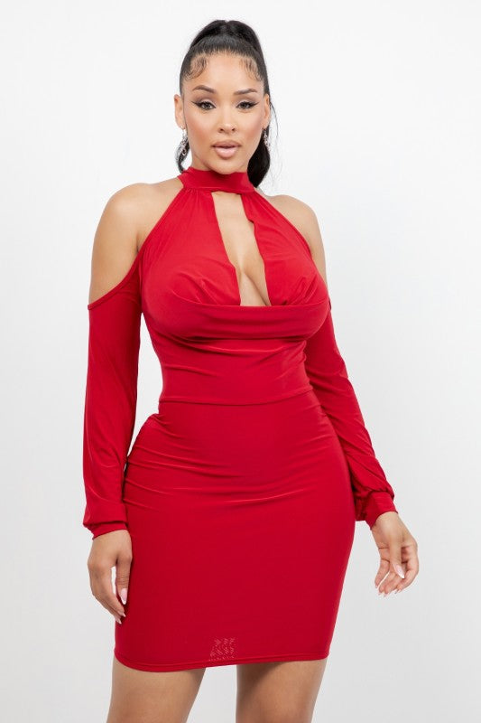 Turn heads in this daring halter cowl neck dress that commands attention. 