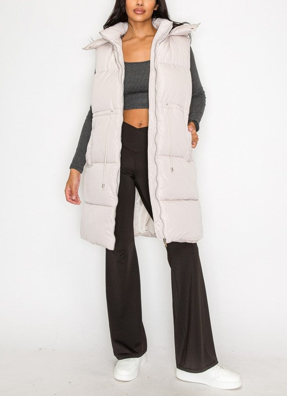 Zip Up Puffer Drawstring Long Vest shopiris