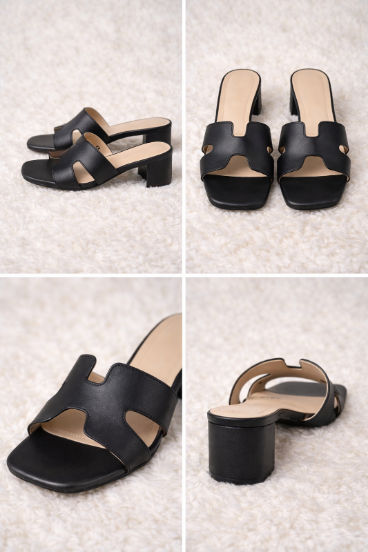 Black H-Strap Cutout Block Heel Mule Sandals