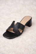 Black H-Strap Cutout Block Heel Mule Sandals