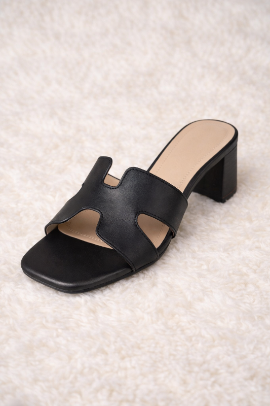 Black H-Strap Cutout Block Heel Mule Sandals