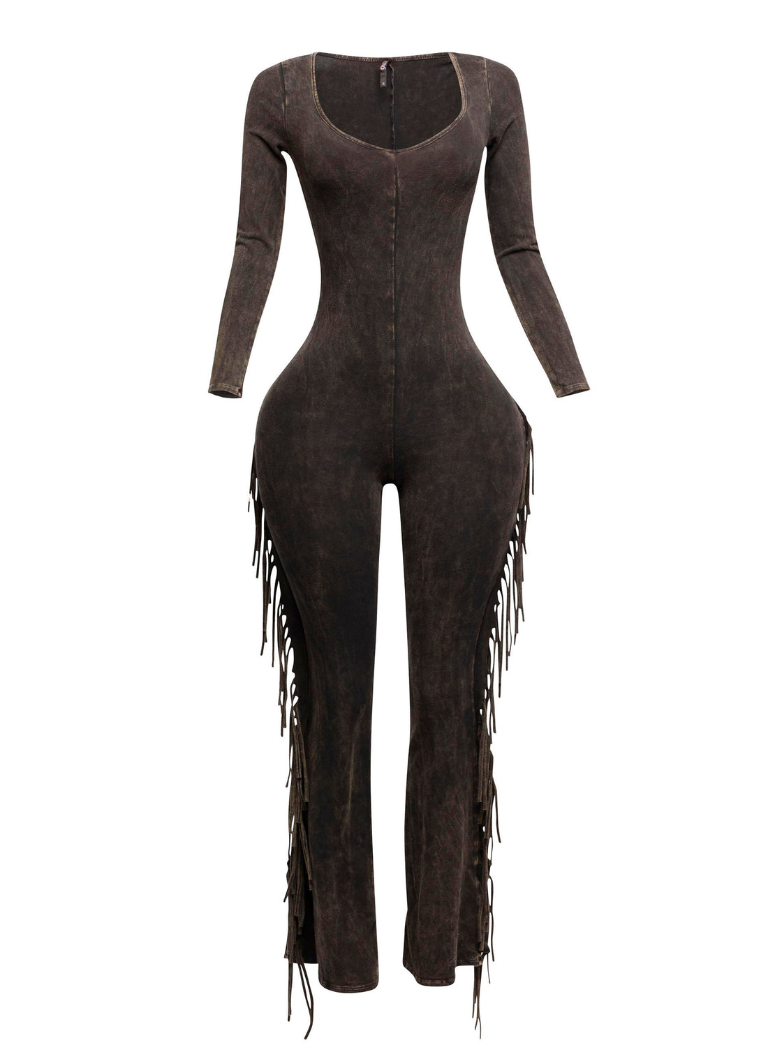 Long Sleeve Mineral Washed Fringed Jumpsuit