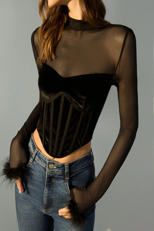 Sheer Mesh Panel Velvet Crop Shirt with Fur Trim
