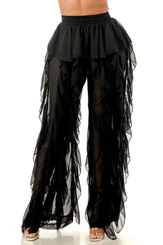 Sheer Mesh Ruffle Wide Leg Pants