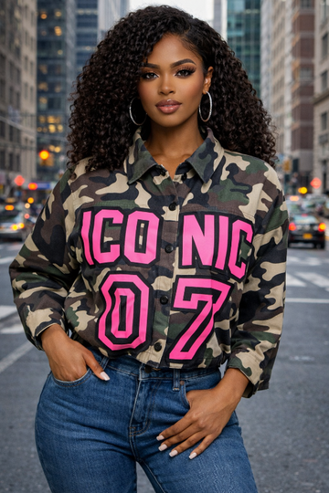 Iconic Camo Half Sleeve Button Down Top